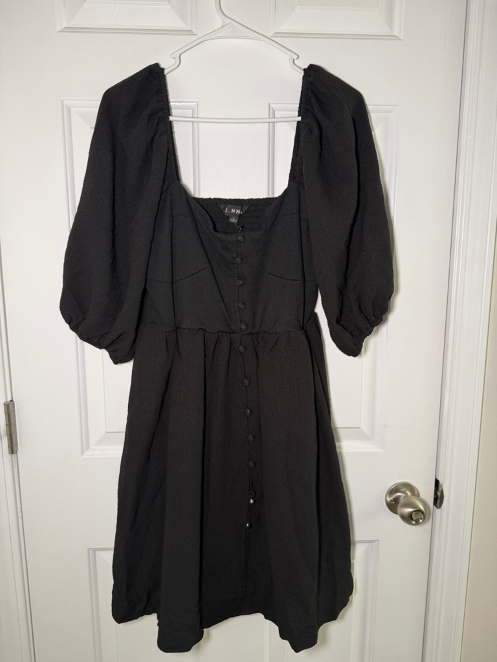 Square-Neck Black Mini Dress with Puff Sleeves